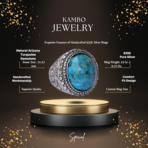 KAMBO Handmade Natural Arizona Turquoise Men's Ring in 925 Sterling Silver with Steel Pen Craft Design Vintage Statement