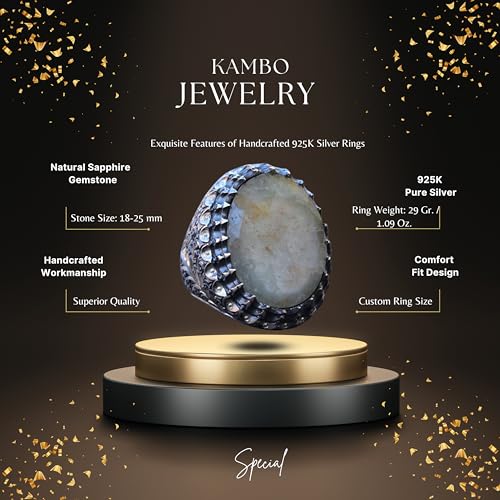 Genuine Real Natural Sapphire Gemstone Ring, 925k Sterling Silver Big Men's Ring