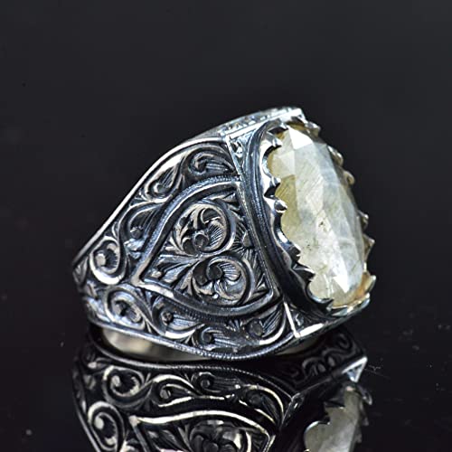 KAMBO Handmade Vintage Men's Ring with Natural Rutilated Quartz Gemstone, Intricate King-Inspired Engraved Design, 925 S