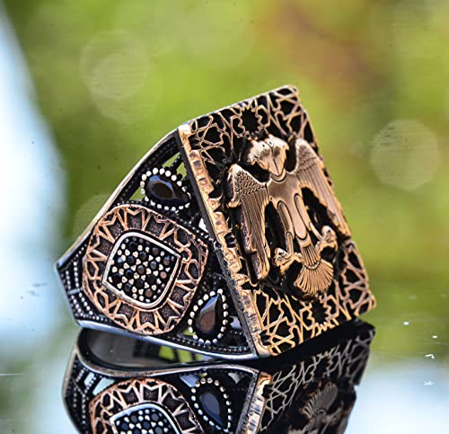 KAMBO Handmade 925 Sterling Silver Double Headed Eagle Ring for Men, Gothic Vintage Statement Jewelry, Large Animal Desi