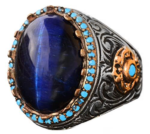 KAMBO Handmade 925 Sterling Silver King Ring with Blue Cats Eye Stone, Vintage Art Deco Unisex Statement Jewelry, Unique
