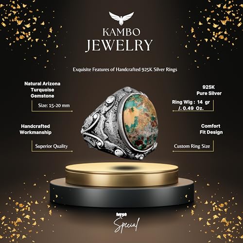 KAMBO Handmade Natural Arizona Turquoise Men's Ring in 925 Sterling Silver - Vintage Style-1 Statement Jewelry, Birthday