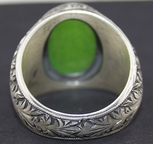 KAMBO Handmade Vintage 925 Sterling Silver Men's Ring with Natural Jade Gemstone, Byzantine Leaf and Botanical Ottoman D