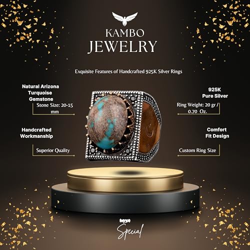KAMBO 925 Sterling Silver Men's Ring with Natural Turquoise Stone, Handmade Vintage Square Design Gemstone Statement Rin