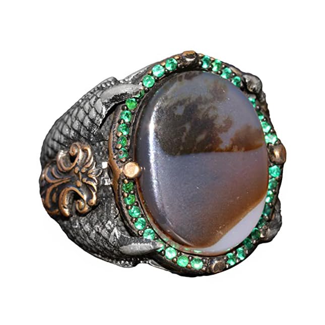 925 Sterling Silver Men's Ring, Handmade Vintage Style Silver Ring with Natural Agate Stone