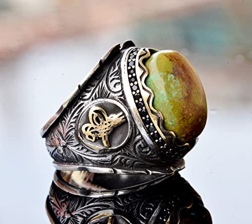 KAMBO Handcrafted 925 Sterling Silver Men's Ring with Genuine Arizona Turquoise - Intricate Ottoman Sign Design - Unique