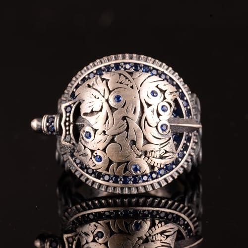 KAMBO Handmade 925 Sterling Silver Men's Ring with Created Zircon Gemstone, Vintage Shield and Sword Knight Design, Stat