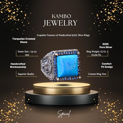 KAMBO Handmade 925 Sterling Silver Lion Ring for Men with Created Turquoise Stone, Vintage Animal Motif Statement Jewelr