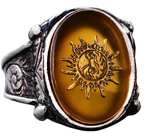 925 Sterling Silver Men's Ring with Created Yellow Agate Stone, Sun Design