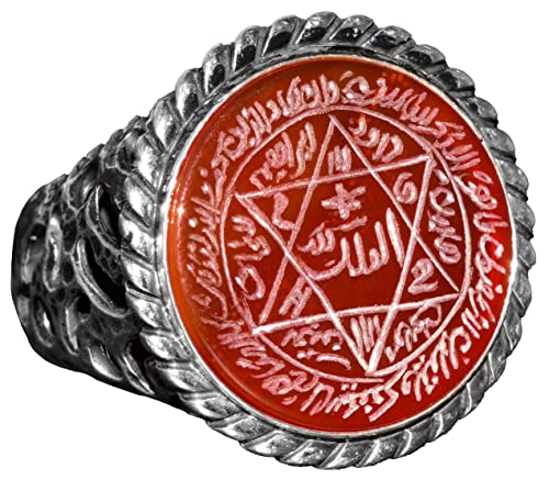 KAMBO Handcrafted Arabic Ring with Carnelian Stone, Sterling Silver Men's Ring - Solomon Star Emblem, Symbol of Courage 