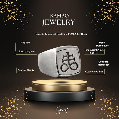 KAMBO Handmade Men's Lucifer Sigil Ring in 925 Sterling Silver - Minimalist Satanic Leviathan Cross Signet, Bold Adjusta