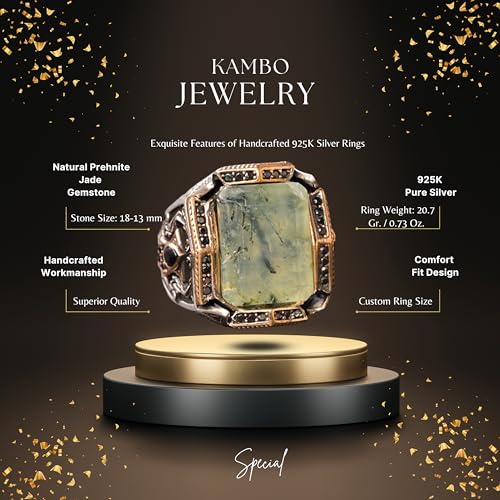 KAMBO Handmade Sterling Silver Men's Ring with Genuine Prehnite Gemstone, King Style Band, Vintage Statement Jewelry, 92