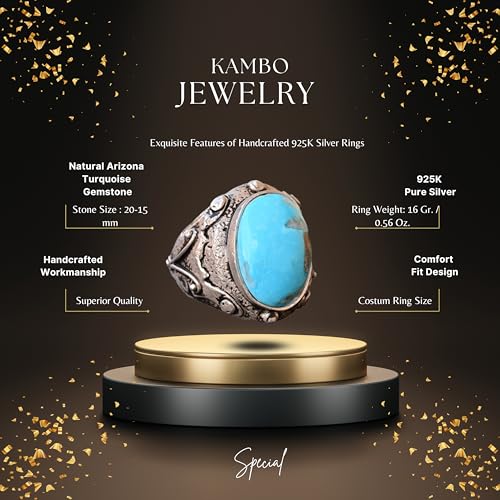 925 Sterling Silver Real Arizona Turquoise Gemstone Byzantium Men's Ring - Genuine Handmade Jewelry (Style-3)