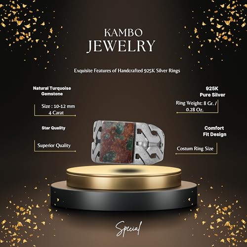 KAMBO Handmade Natural Turquoise-2 Rectangular Men’s Ring in 925 Sterling Silver – Gothic Geometric Vintage Statement De