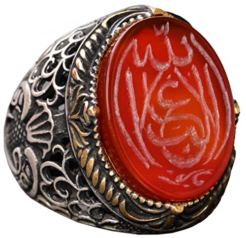 KAMBO Natural Agate Gemstone Ring Handmade 925 Sterling Silver Men's Islamic Arabic Vintage Statement Ring Elegant Gift 