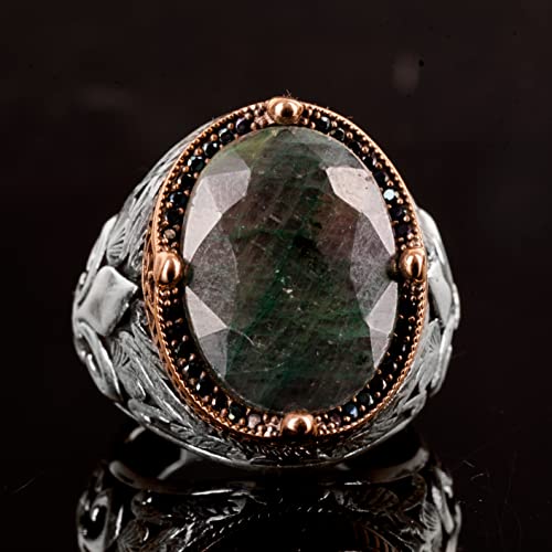 KAMBO Handmade 925 Sterling Silver Emerald Ring for Men, Vintage Art Deco Statement Cocktail Ring, Genuine Emerald Gemst