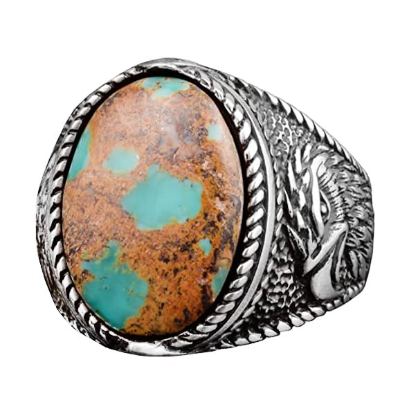 Natural Stone Men's Ring - Eagle Motif, 925 Sterling Silver (Turquoise)
