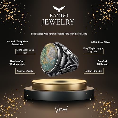 KAMBO Handmade Men's Ring with Natural Arizona Turquoise Stone in 925 Sterling Silver - Vintage Style-3 Statement Jewelr