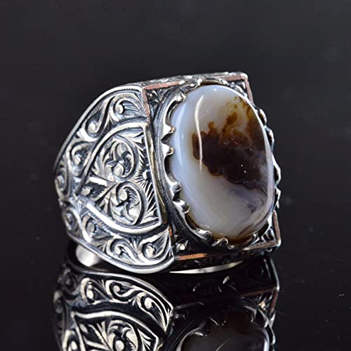 KAMBO Natural Agate 925 Sterling Silver Men's Ring with Yemeni Stone, Intricate Engraved Design, Large Bold Unique Patte