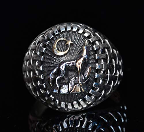KAMBO Handmade 925 Sterling Silver Men's Wolf Design Ring, Vintage Howling Wolf Wildlife Motif Statement Ring, Cocktail 