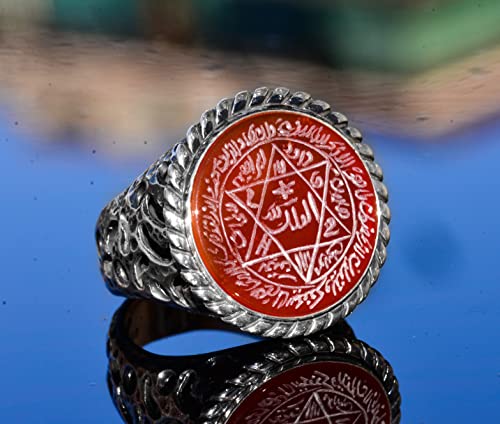 KAMBO Handcrafted Arabic Ring with Carnelian Stone, Sterling Silver Men's Ring - Solomon Star Emblem, Symbol of Courage 