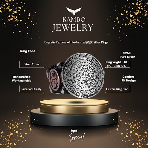 Falcon Jewelry KAMBO 925 Sterling Silver Men’s Ring Handmade Islamic Esmaul Husna Arabic Vintage Statement Ring Wedding 