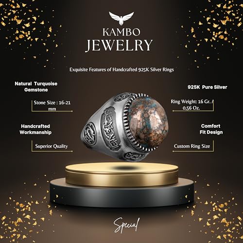 KAMBO Handmade 925 Sterling Silver Men's Ring with Genuine Natural Turquoise Stone, Islamic Calligraphy Design, Vintage 
