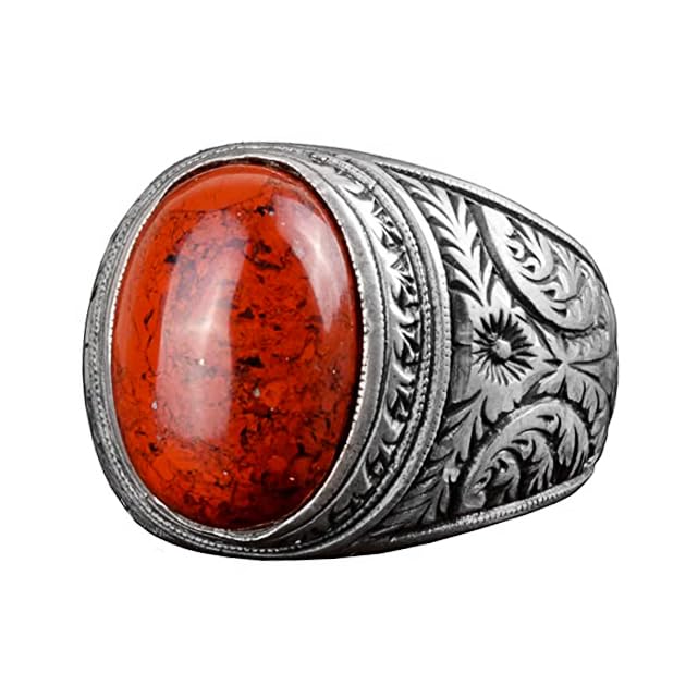 KAMBO Men's Red Natural Bloodstone Ring, Handcrafted Vintage Style in 925 Sterling Silver, Natural Gemstone Healing Crys