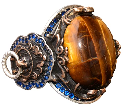 KAMBO Handmade 925 Sterling Silver Men's Ring with Genuine Tiger Eye Gemstone, Vintage Lion Design, Gold Plated Statemen
