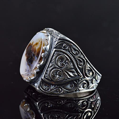 KAMBO Natural Agate 925 Sterling Silver Men's Ring with Yemeni Stone, Intricate Engraved Design, Large Bold Unique Patte