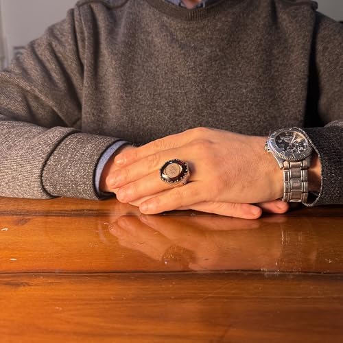 KAMBO Big Created Amber Stone Ring for Men – 925 Sterling Silver Islamic Ring with Shahada Inscription & Ottoman Tughra 