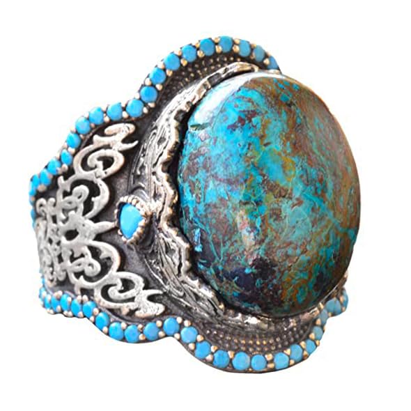 Handmade 925 Sterling Silver Men's Ring - Natural Stone (Chrysocolla)
