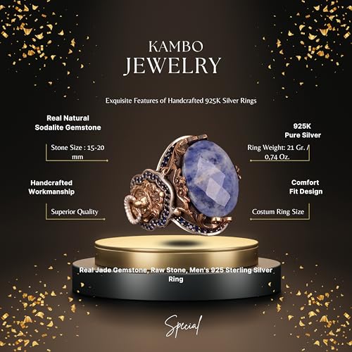 KAMBO Handmade 925 Sterling Silver Men's Ring with Genuine Sodalite Gemstone, Lion Design, Gold Plated Vintage Statement