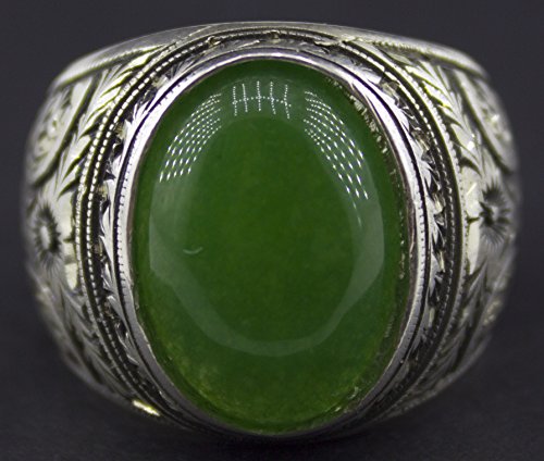 KAMBO Handmade Vintage 925 Sterling Silver Men's Ring with Natural Jade Gemstone, Byzantine Leaf and Botanical Ottoman D