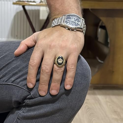 KAMBO Handmade Men's Crown Ring with Created Pearl, 925 Sterling Silver and Gold Plating, Vintage Flag Design, Statement