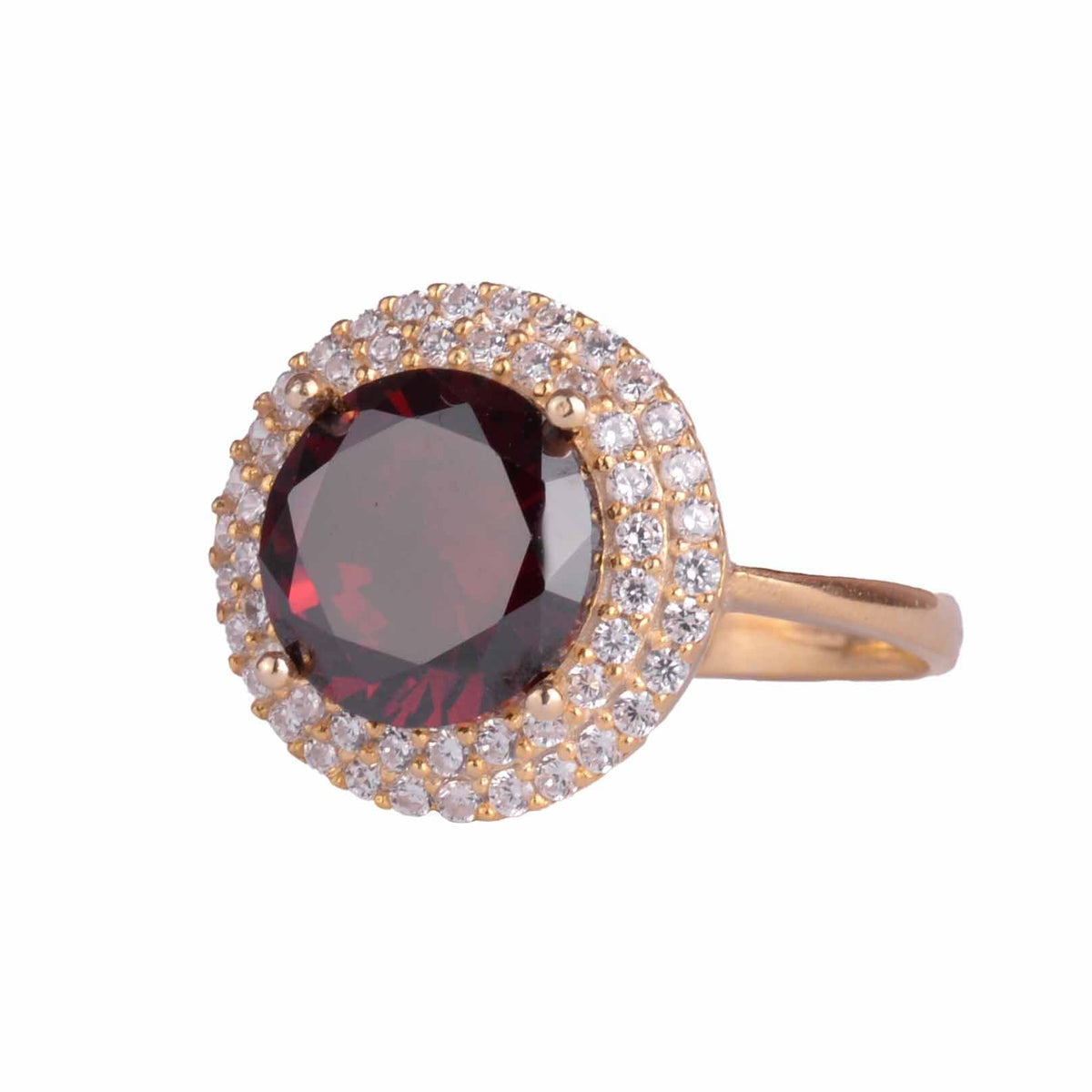 KAMBO 925 Sterling Silver Cream Round Stone Women's Ring - Gold Plated Elegant Halo Design Ring (Synthetic Garnet)