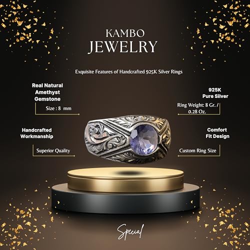 Real Natural Amethyst Gemstone Ring - 925 Sterling Silver Men's Ring - Handmade Jewelry