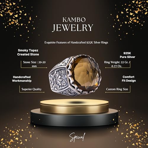 KAMBO Men's Handmade 925 Sterling Silver Ring with Created Round Smoky Topaz Stone, Vintage Byzantium Design, Statement 