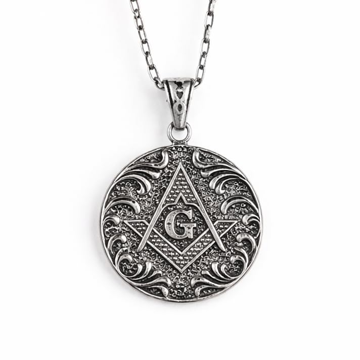KAMBO Antique Masonic Necklace – 925 Sterling Silver Mason Symbol Vintage Style Round Pendant Jewelry