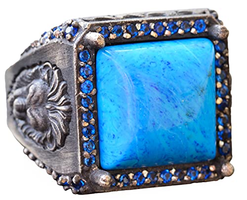 KAMBO Handmade 925 Sterling Silver Lion Ring for Men with Created Turquoise Stone, Vintage Animal Motif Statement Jewelr