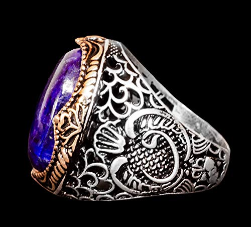 KAMBO Men's Handmade 925 Sterling Silver Ring with Natural Cabochon Sapphire Gemstone, Islamic Religious Design, Vintage