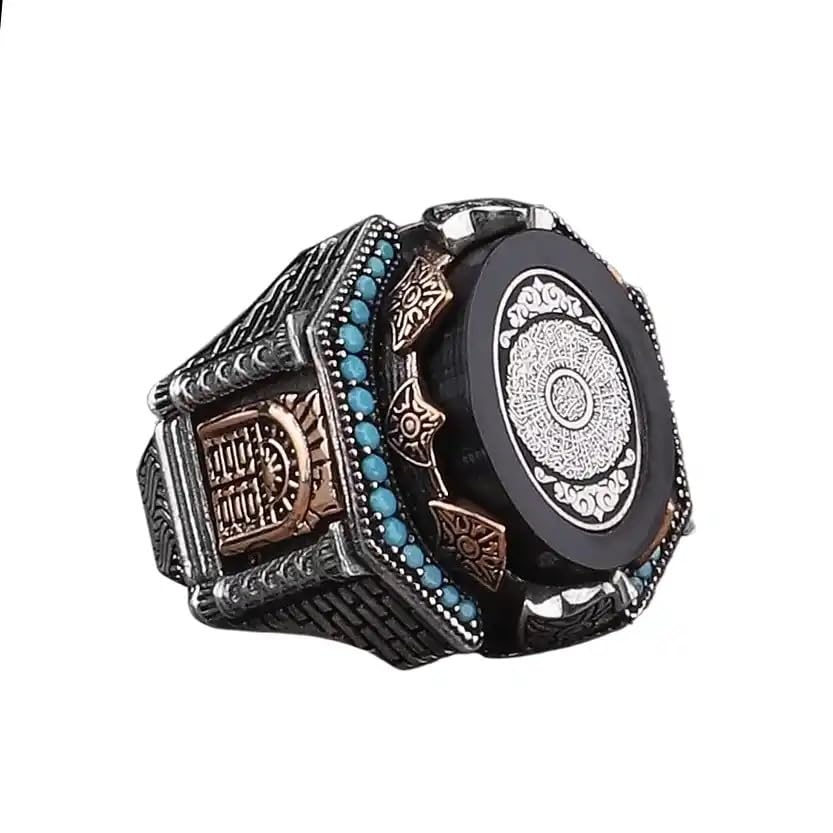 KAMBO 925 Sterling Silver Inshirah Surah Inscribed Men's Ring – Faux Amber Stone, Turquoise Pattern, Ottoman Hexagonal Design
