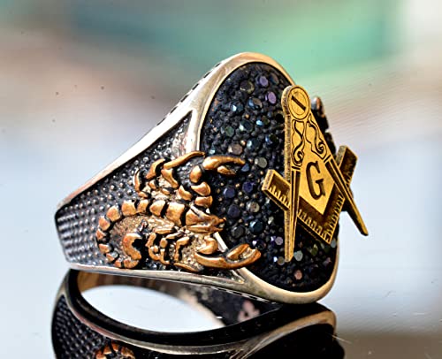 KAMBO Handcrafted 925 Sterling Silver Men's Scorpion Ring with Black Agate Gemstone, Unique Masonic Gold Plated King Sig