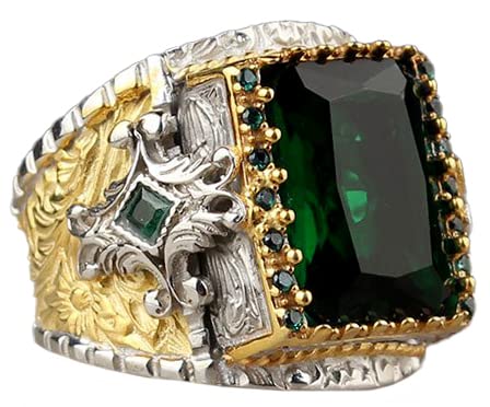 Handmade 925 Sterling Silver Men's Ring, Green Emerald Stone, Decorated Design, Islamic Ring
