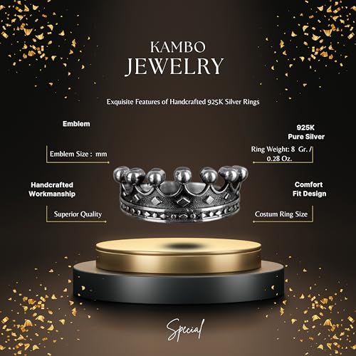 Falcon Jewelry KAMBO Handmade 925 Sterling Silver Crown Motif Ring for Men – Vintage Statement King Style Band, Unique S