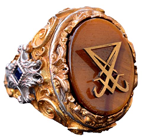KAMBO Handmade 925 Sterling Silver Men's Signet Ring with Tiger Eye Stone, Satanic Sigil of Lucifer Gothic Occult Design
