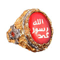 KAMBO Handmade 925 Sterling Silver Men's Ring with Created Red Agate Stone, Islamic Calligraphy Design, Vintage Statemen