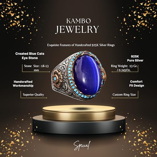 KAMBO Handmade 925 Sterling Silver Unisex King Ring with Blue Cats Eye Stone, Vintage Art Deco Design, Statement Jewelry