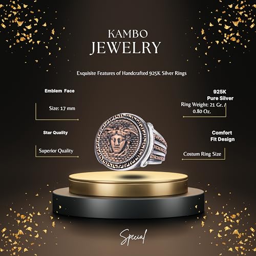 KAMBO Handmade Vintage Medusa Head Ring for Men – 925 Sterling Silver Gothic Statement Jewelry with Bronze Details, Symb