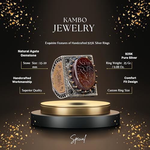 KAMBO Natural Agate Gemstone Ring for Men, Handmade 925 Sterling Silver Islamic Arabic Art Deco Design, Vintage Statemen